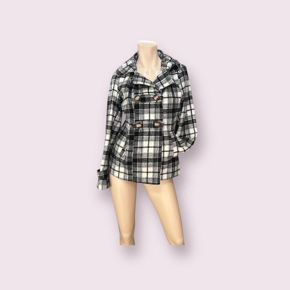 Y2K Hydraulic Jacket Peacoat Hooded Double Breasted Sz Med Plaid